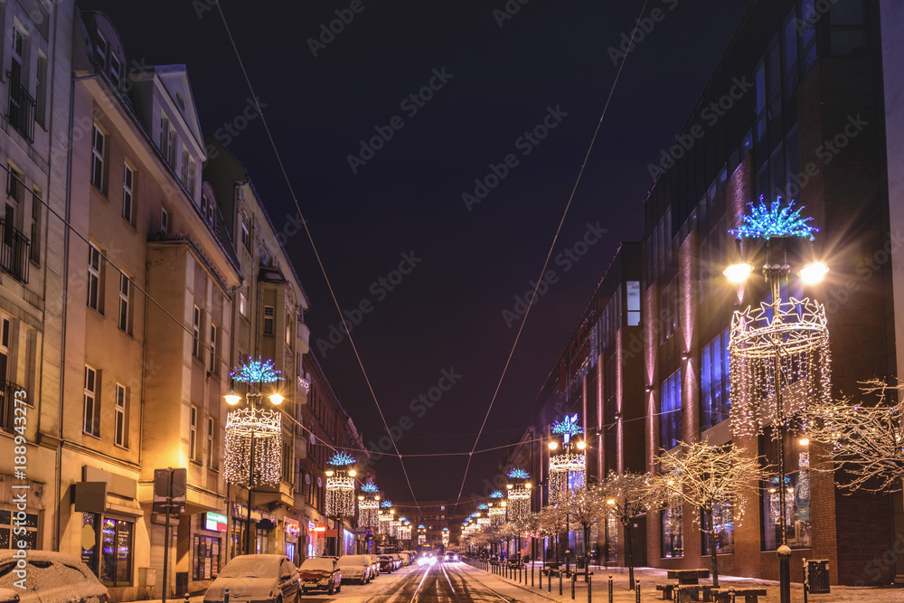 Obraz premium Street decorated with Christmas lights. Zabrze. Poland