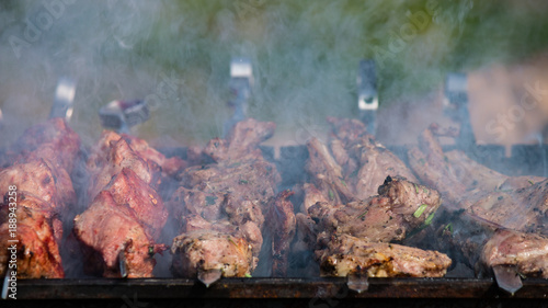 barbecue grill, skewers with meat