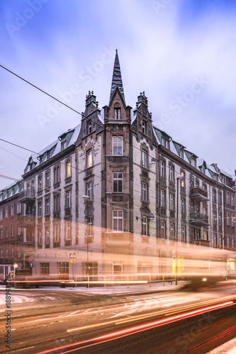 Evening traffic in Zabrze town. Poland.