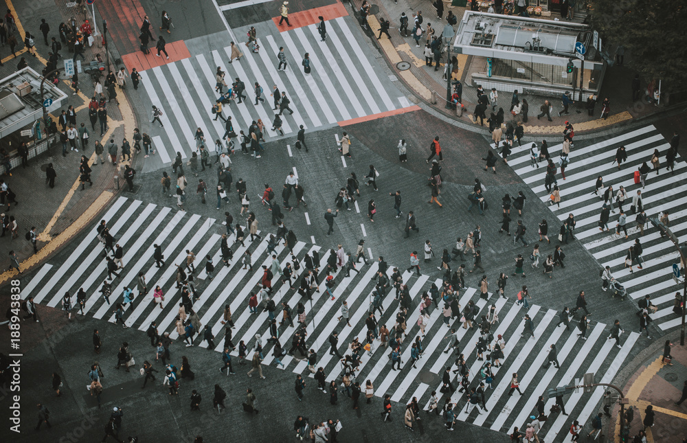 Fototapeta premium Msza ludzi przechodzących przez ulicę w Tokio