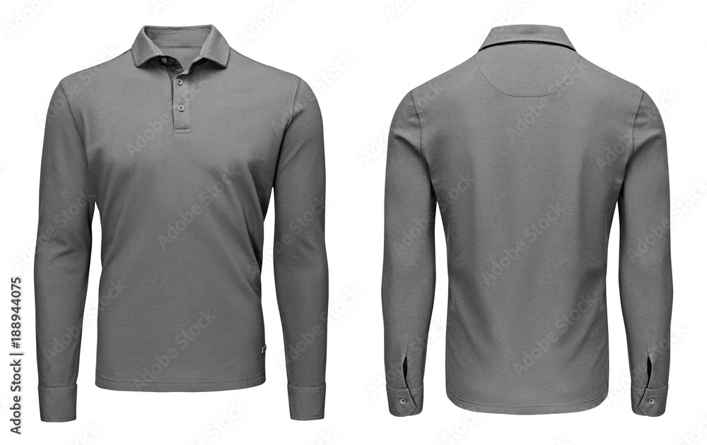 Blank template mens grey polo shirt long sleeve front and back