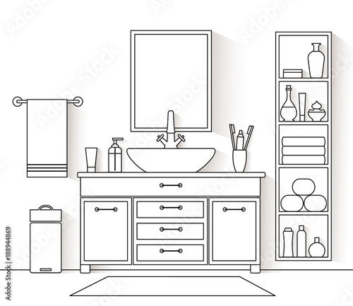 Vector interior in a linear style. Illustration of a bathroom with furniture and equipment. Outline restroom.