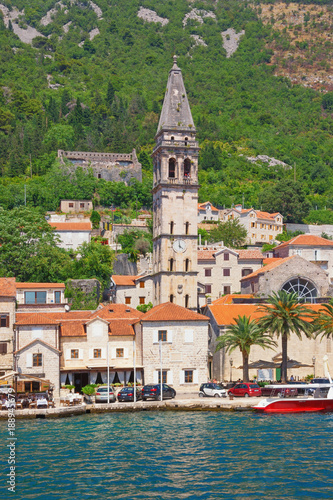 Summer view of old town of Perast with St Nicholas church. Bay of Kotor, Montenegro