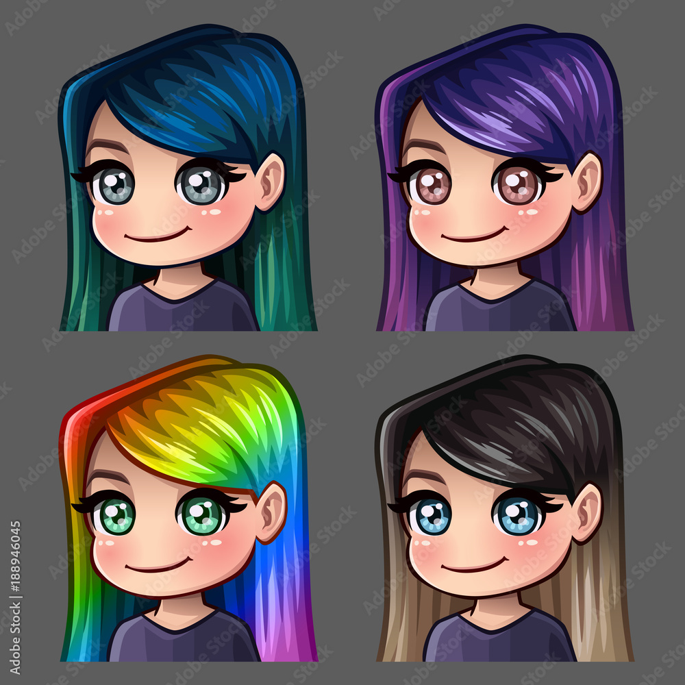 Emotion icons smile female with long hairs for social networks and stickers Emotion icons smile female with long hairs for social networks and stickers