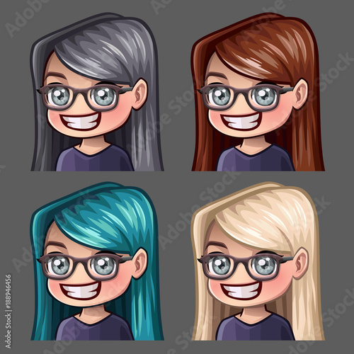 Emotion icons smile female in glasses with long hairs for social networks and stickers. Vector illustration