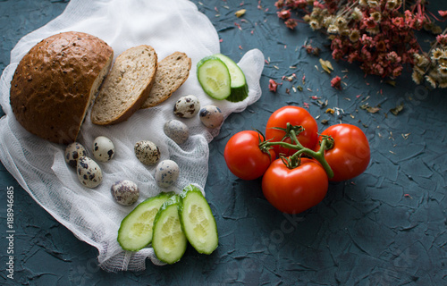 background with bread, tomatoes, eggs