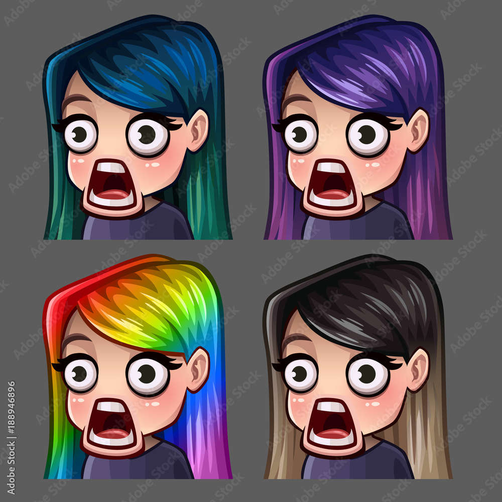Emotion icons surprised female with long hairs for social networks and stickers Emotion icons surprised female with long hairs for social networks and stickers