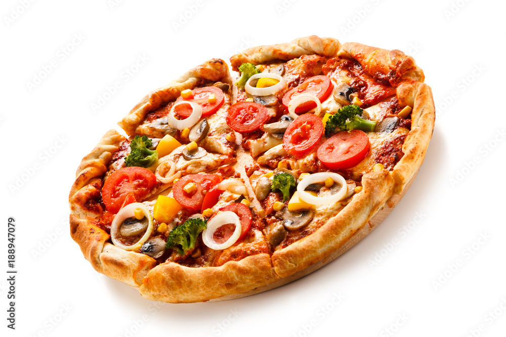 Pizza with corn and broccoli on white background Pizza with corn and broccoli on white background