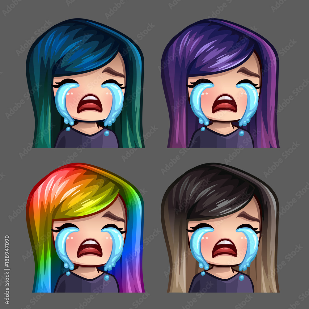 Emotion icons crying female with long hairs for social networks and stickers. Vector illustration Emotion icons crying female with long hairs for social networks and stickers. Vector illustration