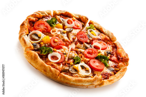 Pizza with corn and broccoli on white background
