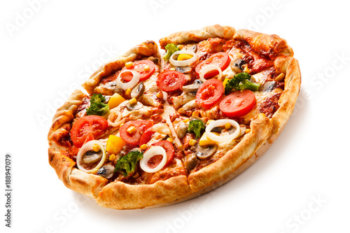 Pizza with corn and broccoli on white background