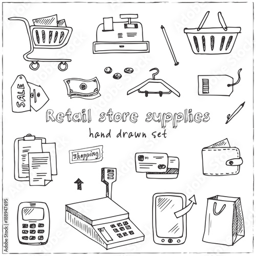 Hand drawn doodle retail store supplies set.