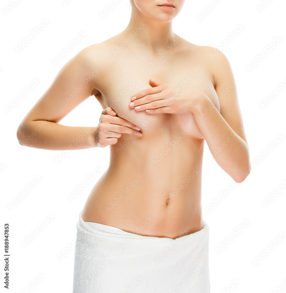 Woman examining breast isolated on white background Woman examining breast isolated on white background