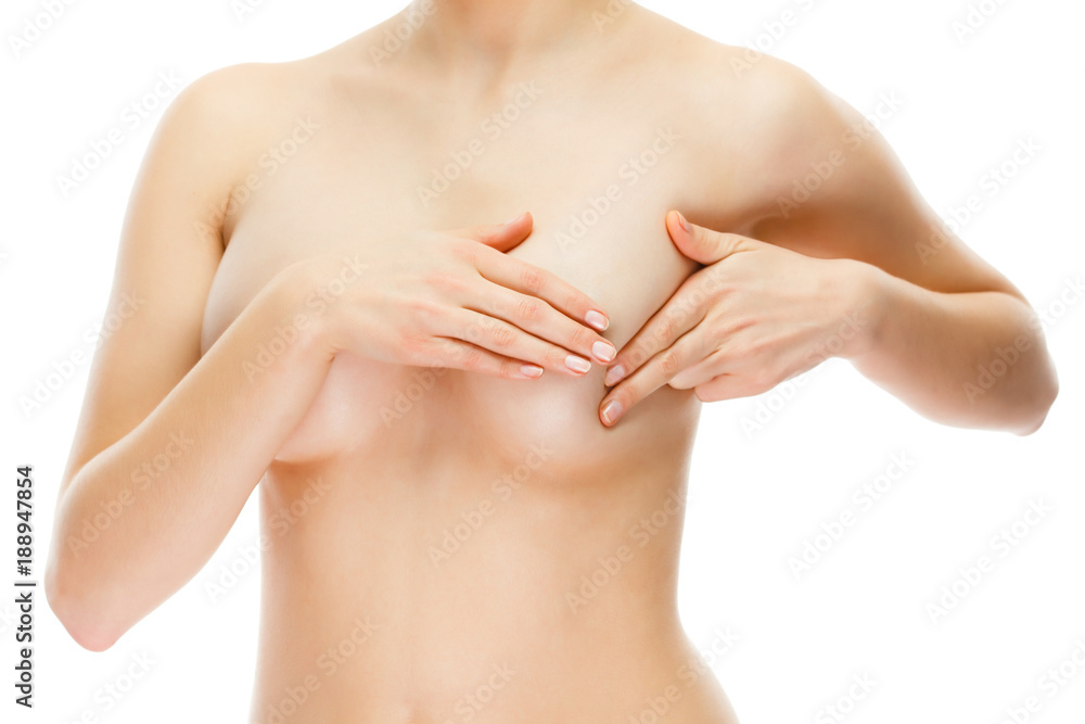 Fototapeta premium Woman examining breast isolated on white background