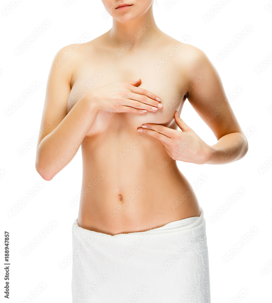 Fototapeta premium Woman examining breast isolated on white background