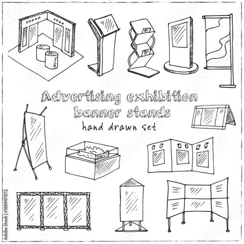 Hand drawn doodle advertising exhibition banner stands set.