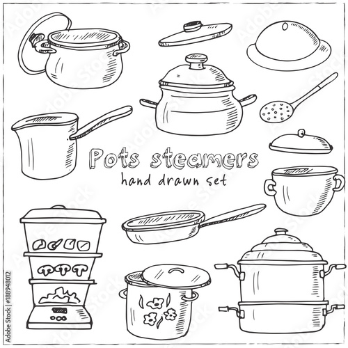 Hand drawn doodle pots steamers set.