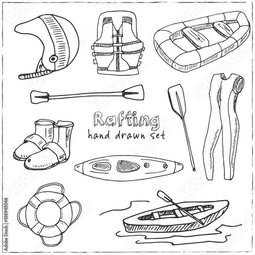 Hand drawn doodle rafting set.