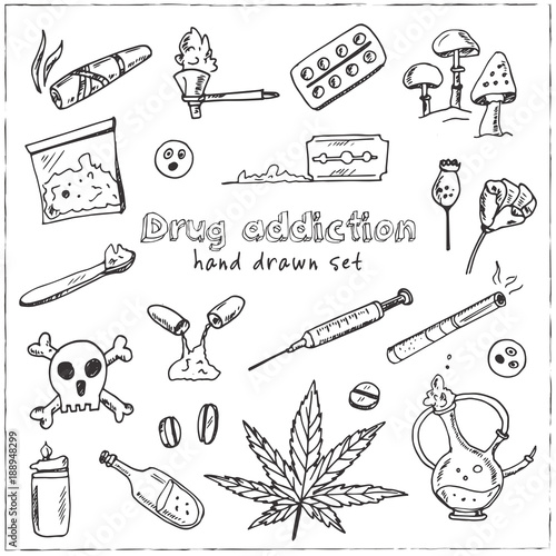 Hand drawn doodle drug addiction set.