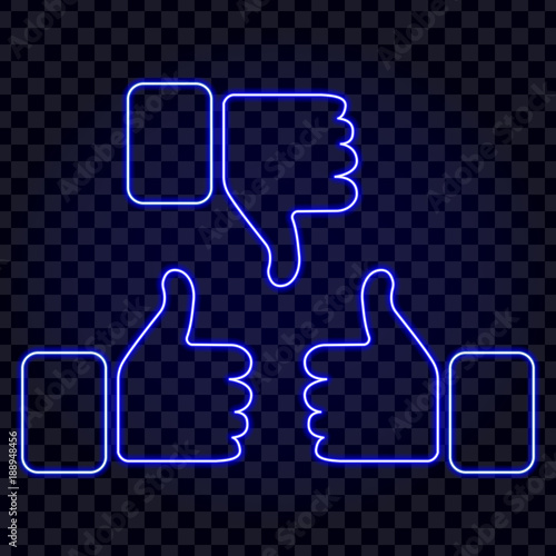 Like / Dislike icon - thumb up / down neon isolated on transparancy background.