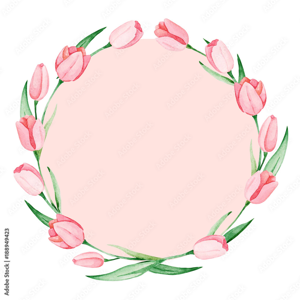 Watercolor tulips frame. International women's day. For design, card, print or background