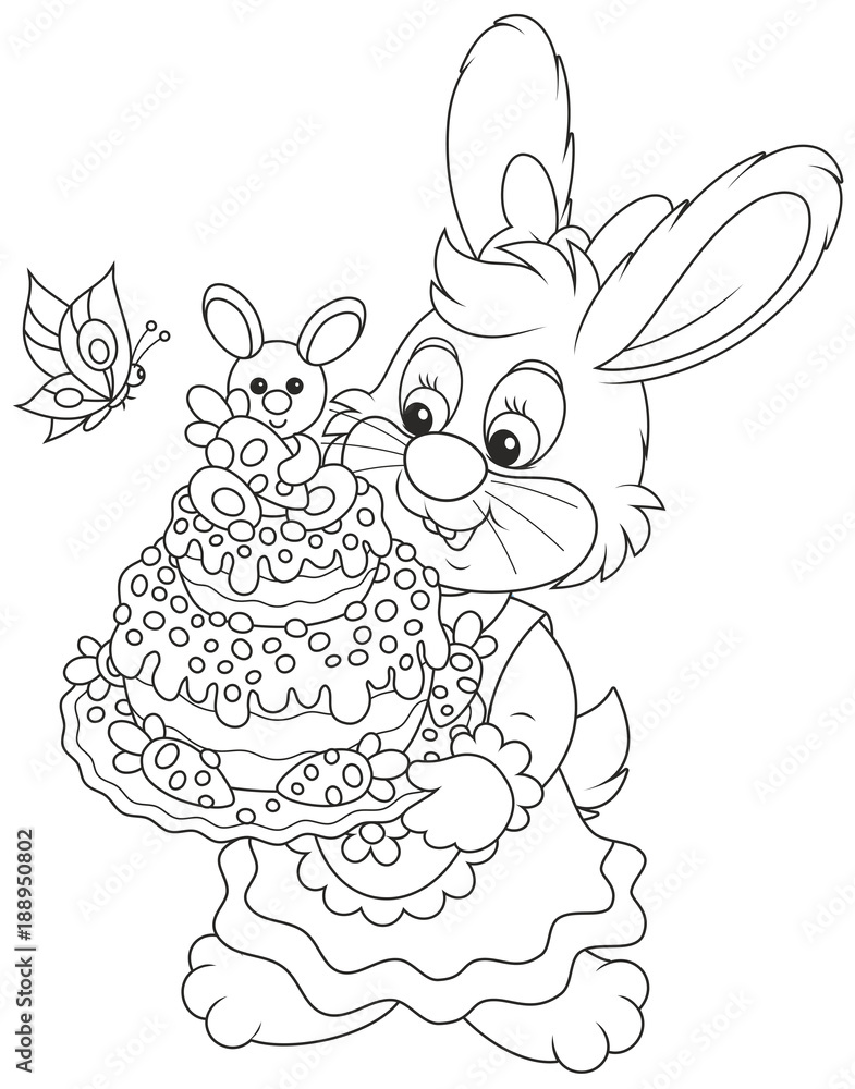 Fototapeta premium Easter Bunny with a decorated holiday cake, a black and white vector illustration for a coloring book