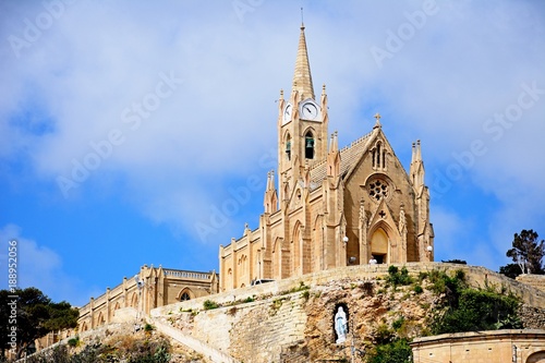 View of Our Lady of Lourdes church on the hillside, Mgarr, Gozo.