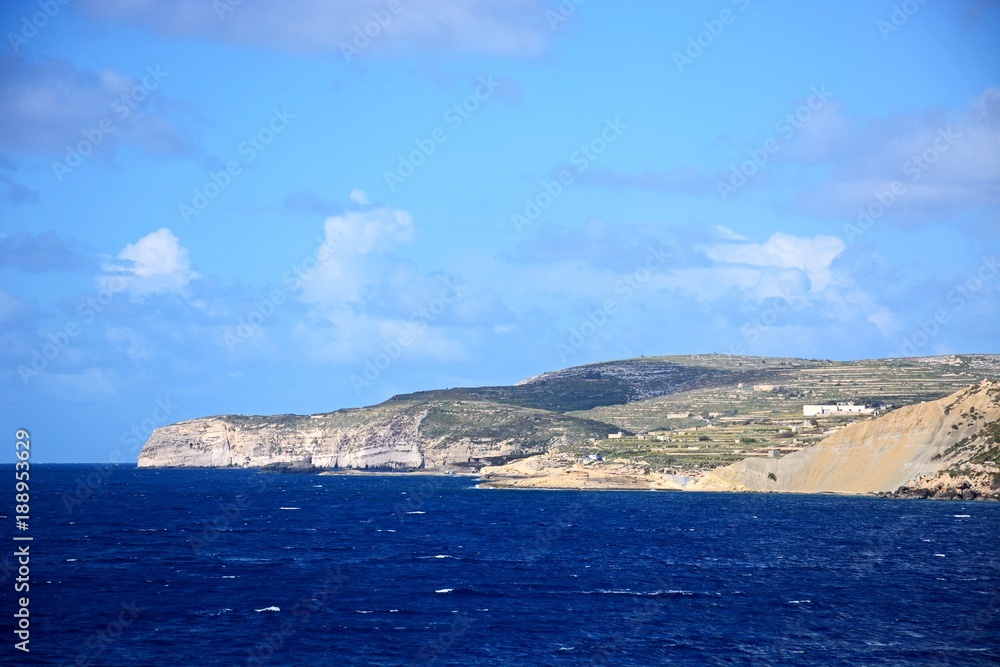 View of the Gozo coastline seen from the ferry, Malta.