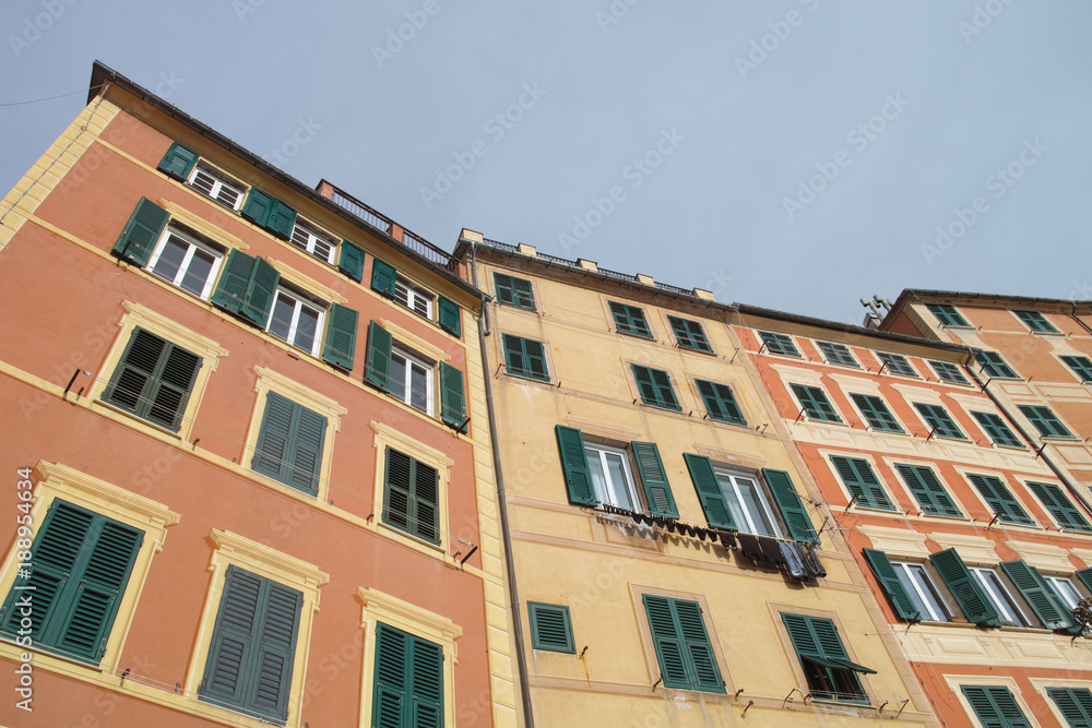 Scenic Mediterranean riviera coast. Panoramic view of Camogli town in Liguria