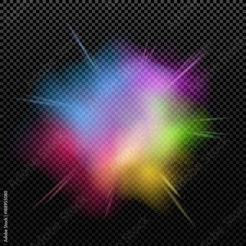 Explosion of colors is isolated on a transparent background. Multicolor splatter. Happy Holi. Holiday of colors. Colorful dust. Vector