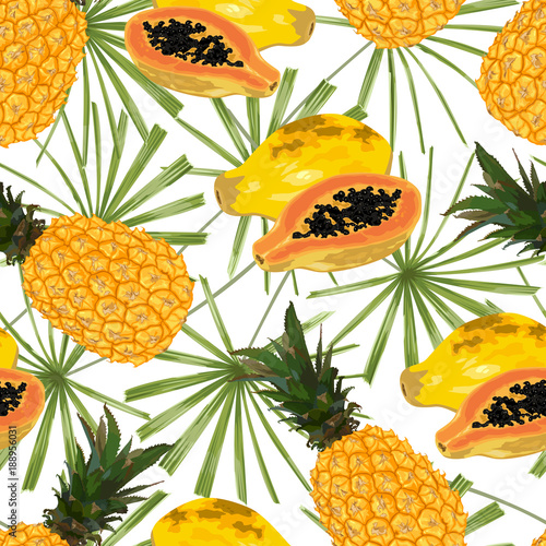 Pineapple, papaya and palm leaves. Seamless pattern.