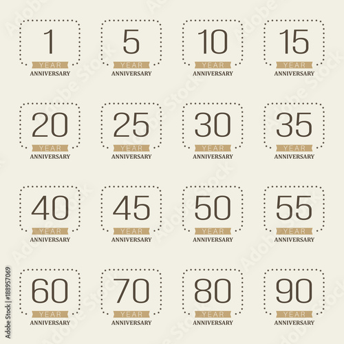 Anniversary logo's collection. 1st, 5th, 10th, 15th, 20th, 25th, 30th, 35th, 40th, 45th, 50th, 55th, 60th, 70th, 80th, 90th year celebration logotypes.