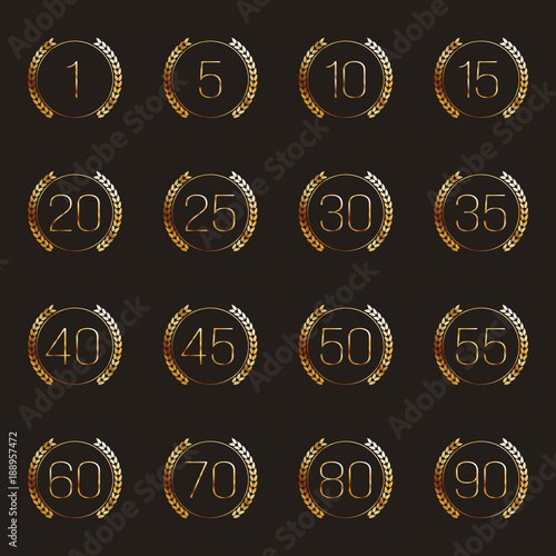 Anniversary logo's collection. 1st, 5th, 10th, 15th, 20th, 25th, 30th, 35th, 40th, 45th, 50th, 55th, 60th, 70th, 80th, 90th year celebration gold logotypes.