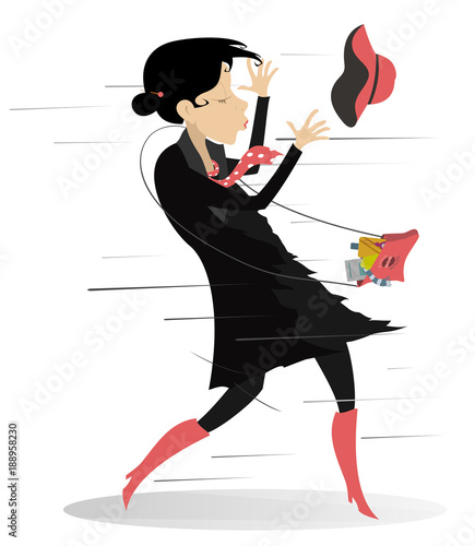 Windy day and young woman isolated illustration. Young woman with a fancy bag tries to catch a hat gone with the wind isolated on white illustration
