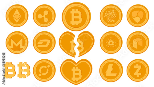Golden vector divided bitcoin coin. Set of crypto currency logo coins. Cryptocurrency Market Capitalizations concept. Digital virtual money. Illustration of finance sign isolated on white background.