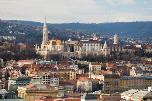 Matthias Church  Fisherman s Bastion and cityscape of Budapest from dome terrace of St. Stephen s Basilica in BudaPest  Hungary.