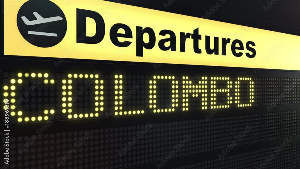 Flight to Colombo on international airport departures board. Travelling to Sri Lanka conceptual intro animation Flight to Colombo on international airport departures board. Travelling to Sri Lanka conceptual intro animation