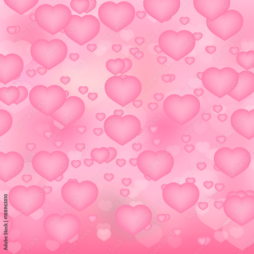 Soft pink hearts 3d background. Valentine’s day shiny greeting card. Romantic vector illustration. Easy to edit design template.