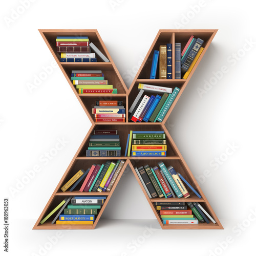 Letter X. Alphabet in the form of shelves with books isolated on white.