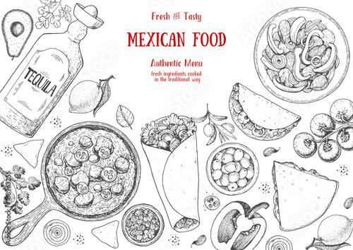 Mexican food top view frame. A set of mexican dishes with burritos, quesadillas, fajitas. Food menu design template. Vintage hand drawn sketch vector illustration. Mexican cuisine engraved image.