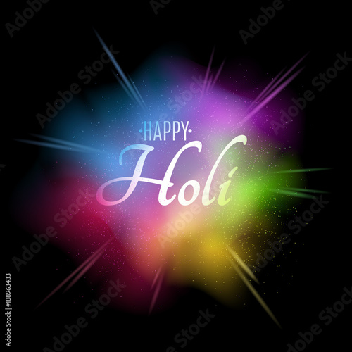 Explosion of colors. Multicolor spray. Banner with white text for Happy Holi. Holiday of colors. Colorful dust. Vector photo