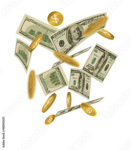 Money, cash or Dollar rain illustration on isolated white background.