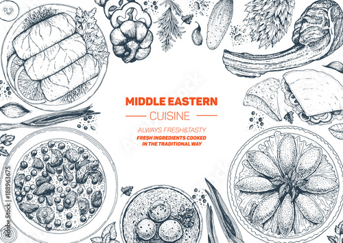 Middle eastern cuisine top view frame. Food menu design with cholent, kebab, dolma, kibbeh, matzo ball soup. Vintage hand drawn sketch vector illustration.