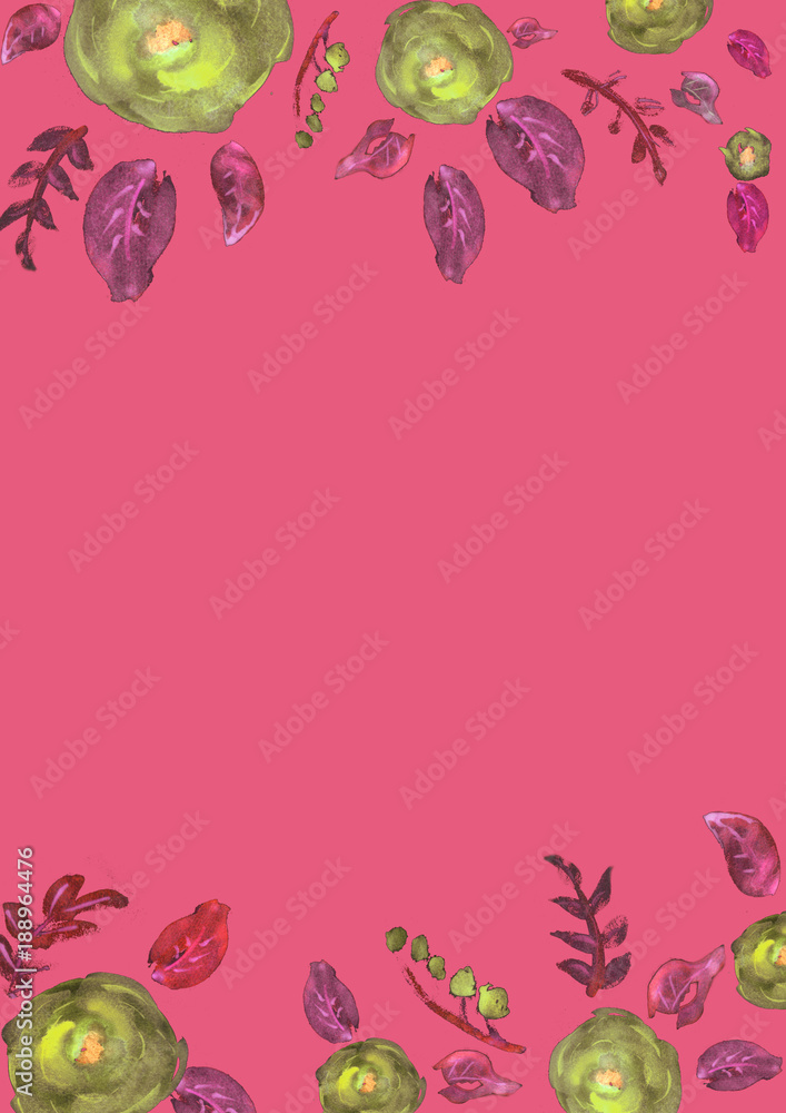 Painted watercolor composition with flowers and leaves. Frame of roses. Floral border. Can be used as invitation card for wedding, birthday, other holiday, summer background, poster, banner. Painted watercolor composition with flowers and leaves. Frame of roses. Floral border. Can be used as invitation card for wedding, birthday, other holiday, summer background, poster, banner.