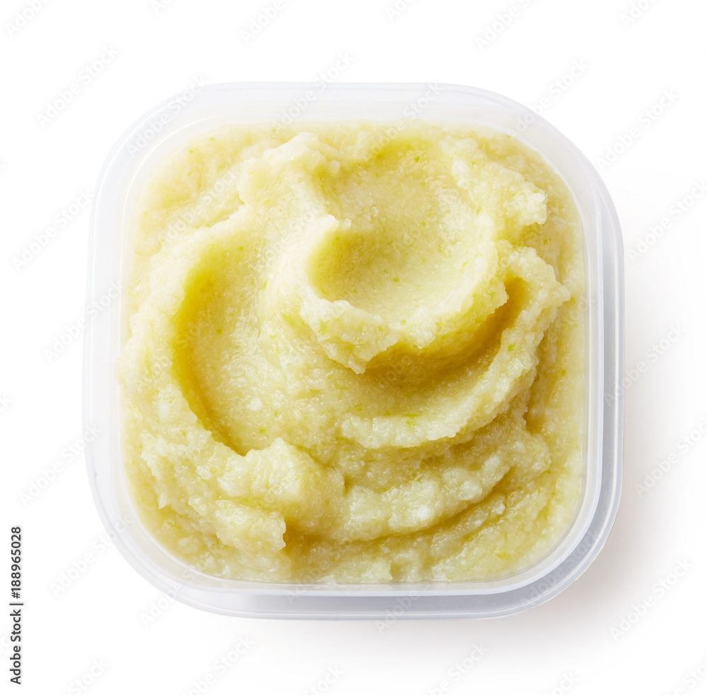 Cauliflower and zucchini baby puree isolated on white Cauliflower and zucchini baby puree isolated on white