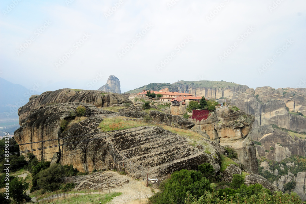 Amazing structure on the rocks. Meteora, Greece/ Orthodox churches the early Christians built on rock that would protect them from  infidels, From travels in Mediterranean