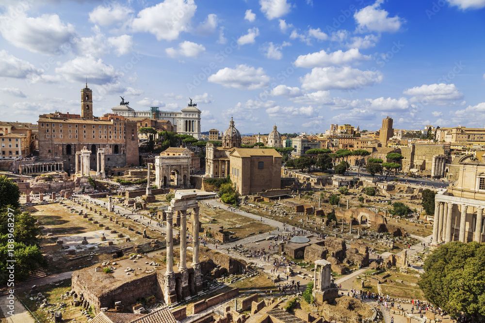 Panorama of the Roman forum, view from above. Rome, Italy