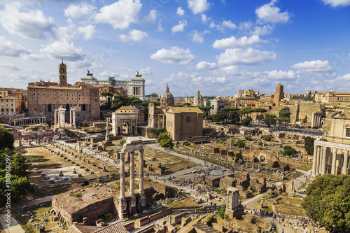 Panorama of the Roman forum, view from above. Rome, Italy