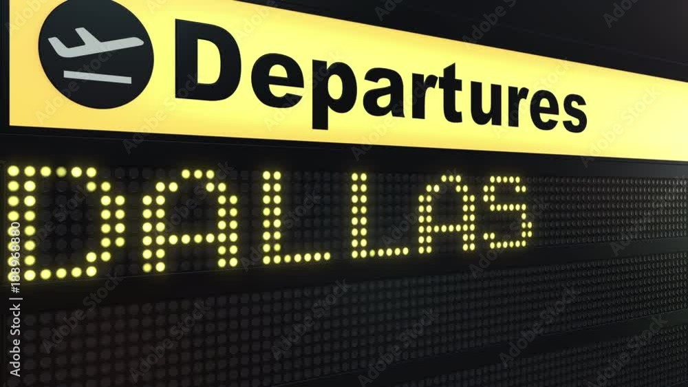 Flight to Dallas on international airport departures board. Travelling to the United States conceptual intro animation Flight to Dallas on international airport departures board. Travelling to the United States conceptual intro animation