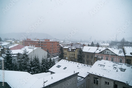 Snowfall in the town. Slovakia